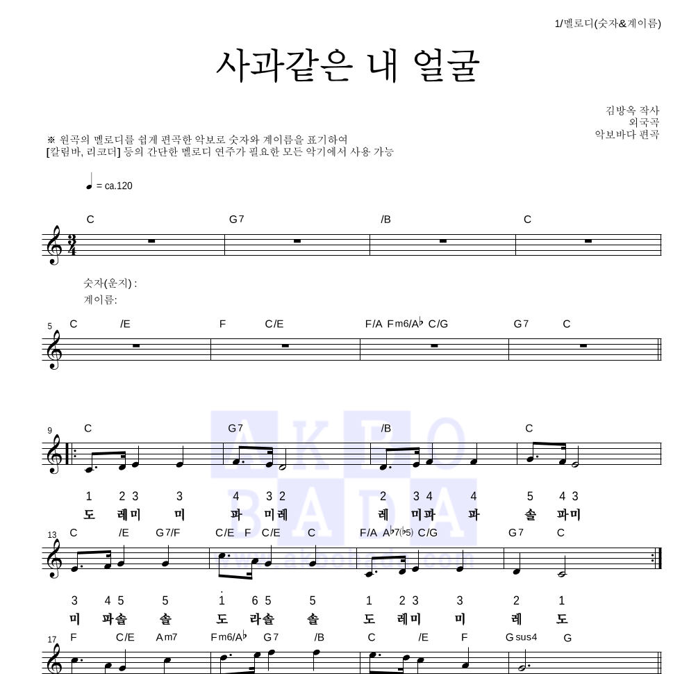 동요 - 사과같은 내 얼굴 멜로디-숫자&계이름 악보 