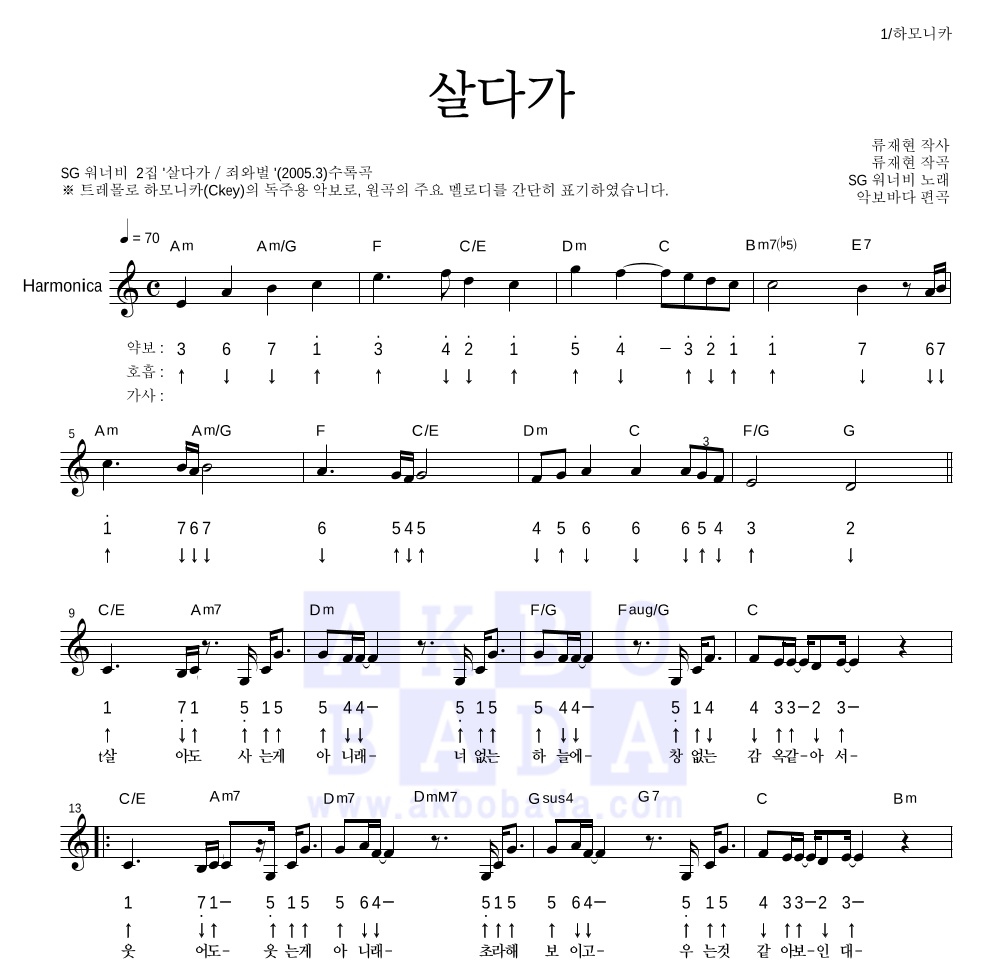 SG워너비 - 살다가 하모니카 악보 