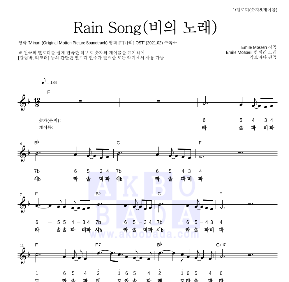 Emile Mosseri,한예리 - Rain Song(비의 노래) 멜로디-숫자&계이름 악보 