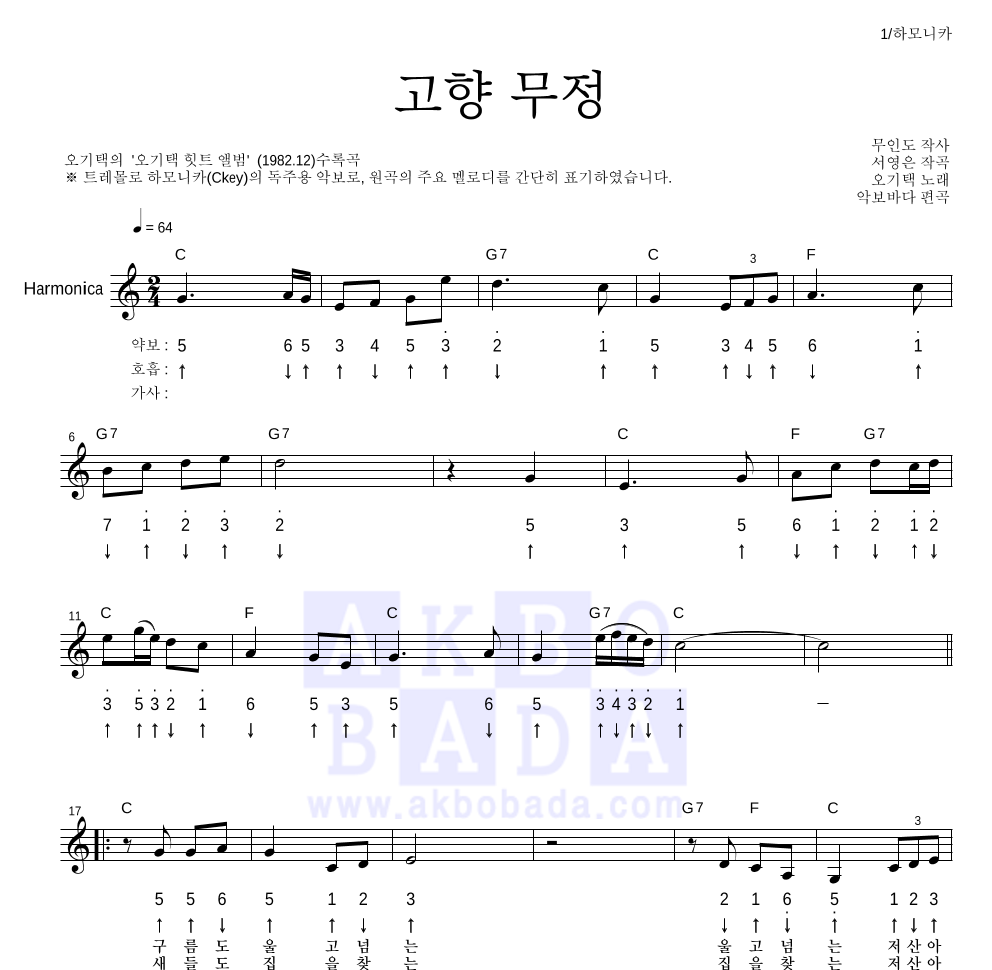 오기택 - 고향 무정 하모니카 악보 