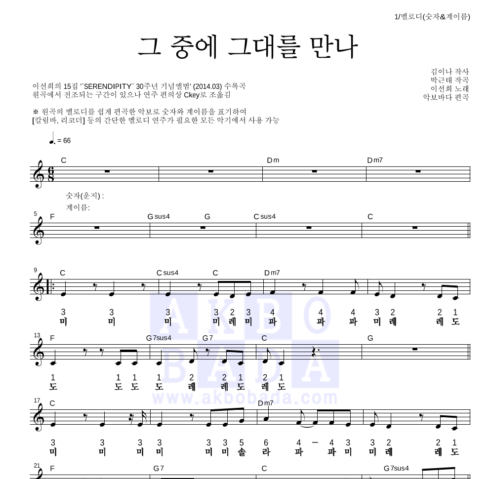 이선희 - 그 중에 그대를 만나 멜로디-숫자&계이름 악보 