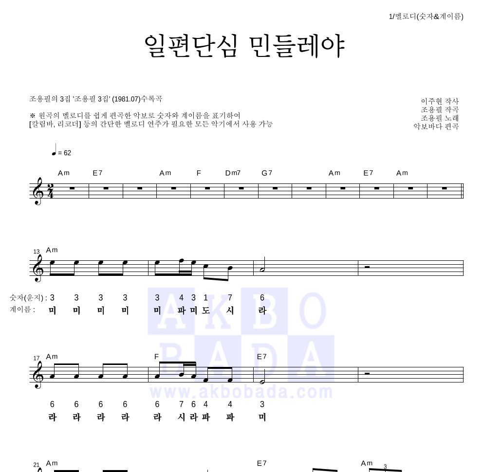 조용필 - 일편단심 민들레야 멜로디-숫자&계이름 악보 
