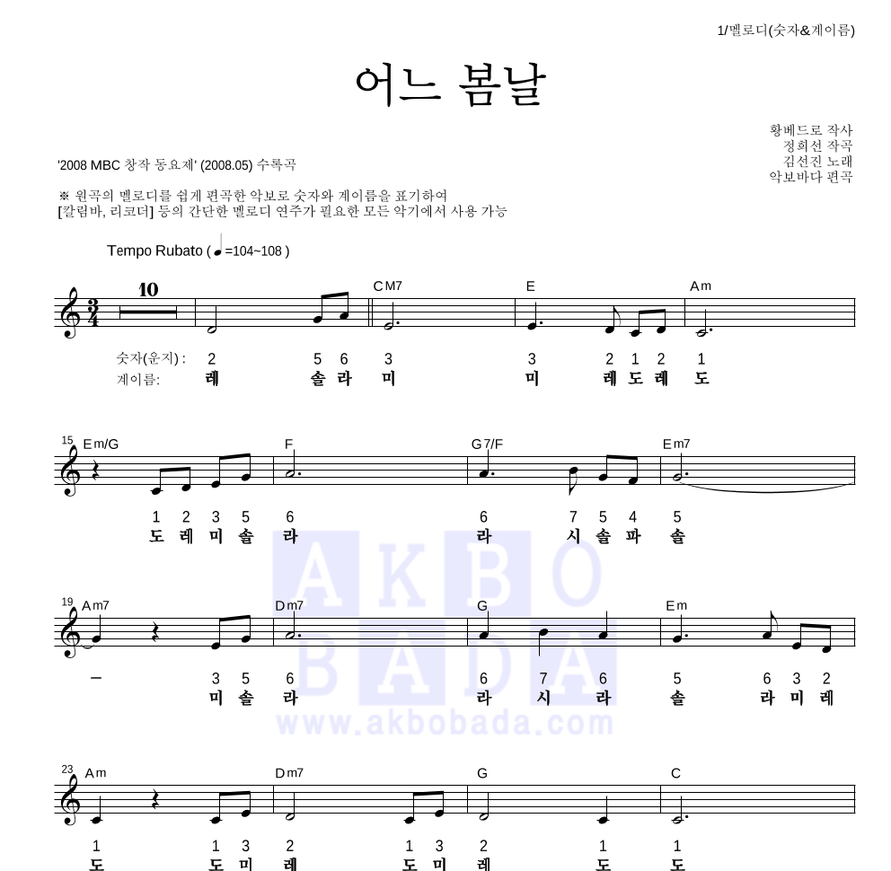 동요 - 어느 봄날 멜로디-숫자&계이름 악보 