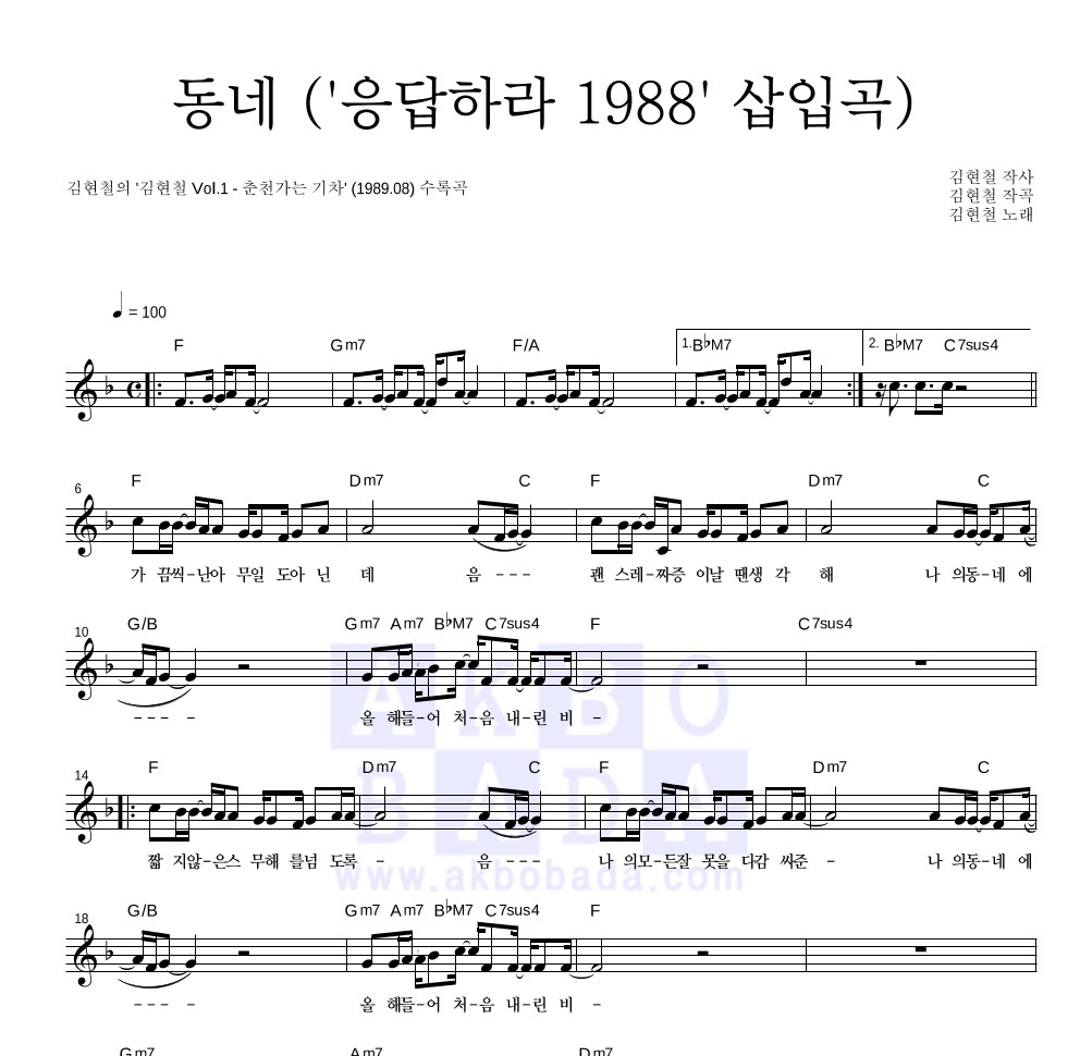 김현철 - 동네 ('응답하라 1988' 삽입곡) 멜로디 악보 