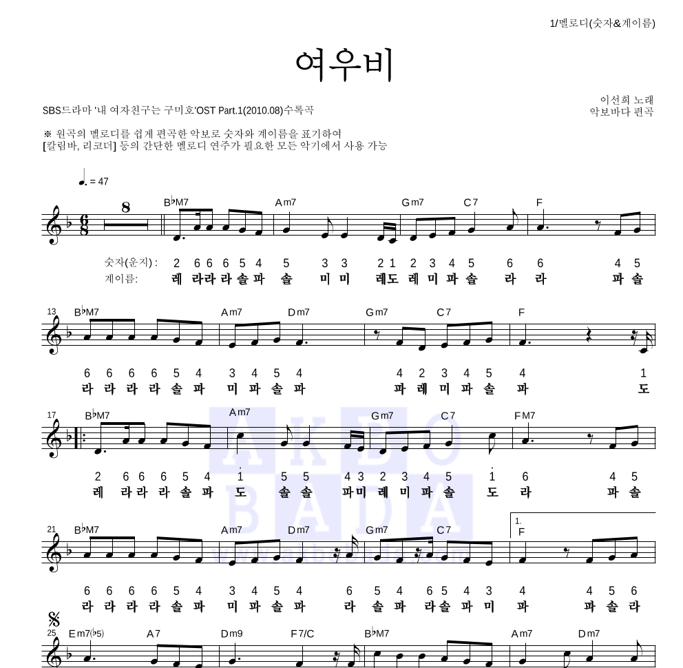 이선희 - 여우비 멜로디-숫자&계이름 악보 