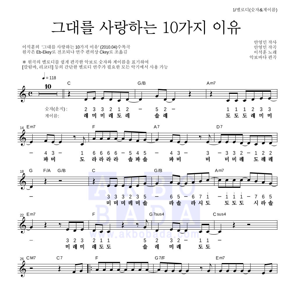 이석훈 - 그대를 사랑하는 10가지 이유 멜로디-숫자&계이름 악보 