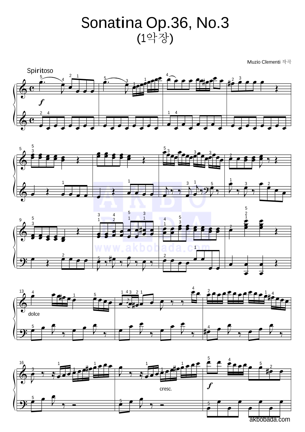 클레멘티 - Sonatina Op.36, No.3 (1악장) 피아노 2단 악보 
