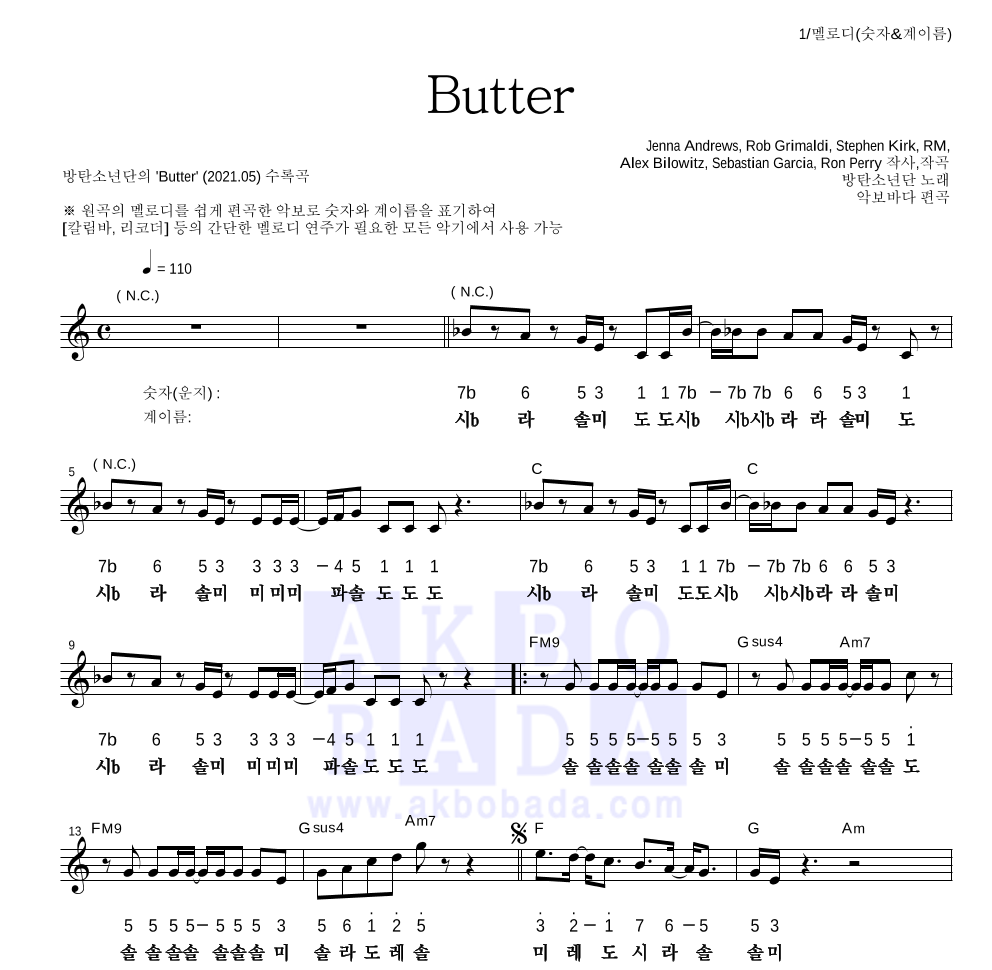 방탄소년단 - Butter 멜로디-숫자&계이름 악보 