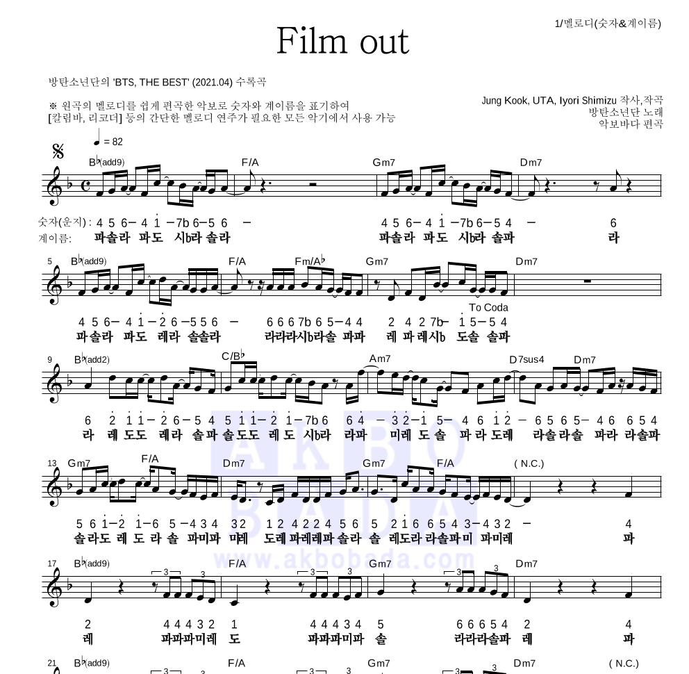 방탄소년단 - Film out 멜로디-숫자&계이름 악보 