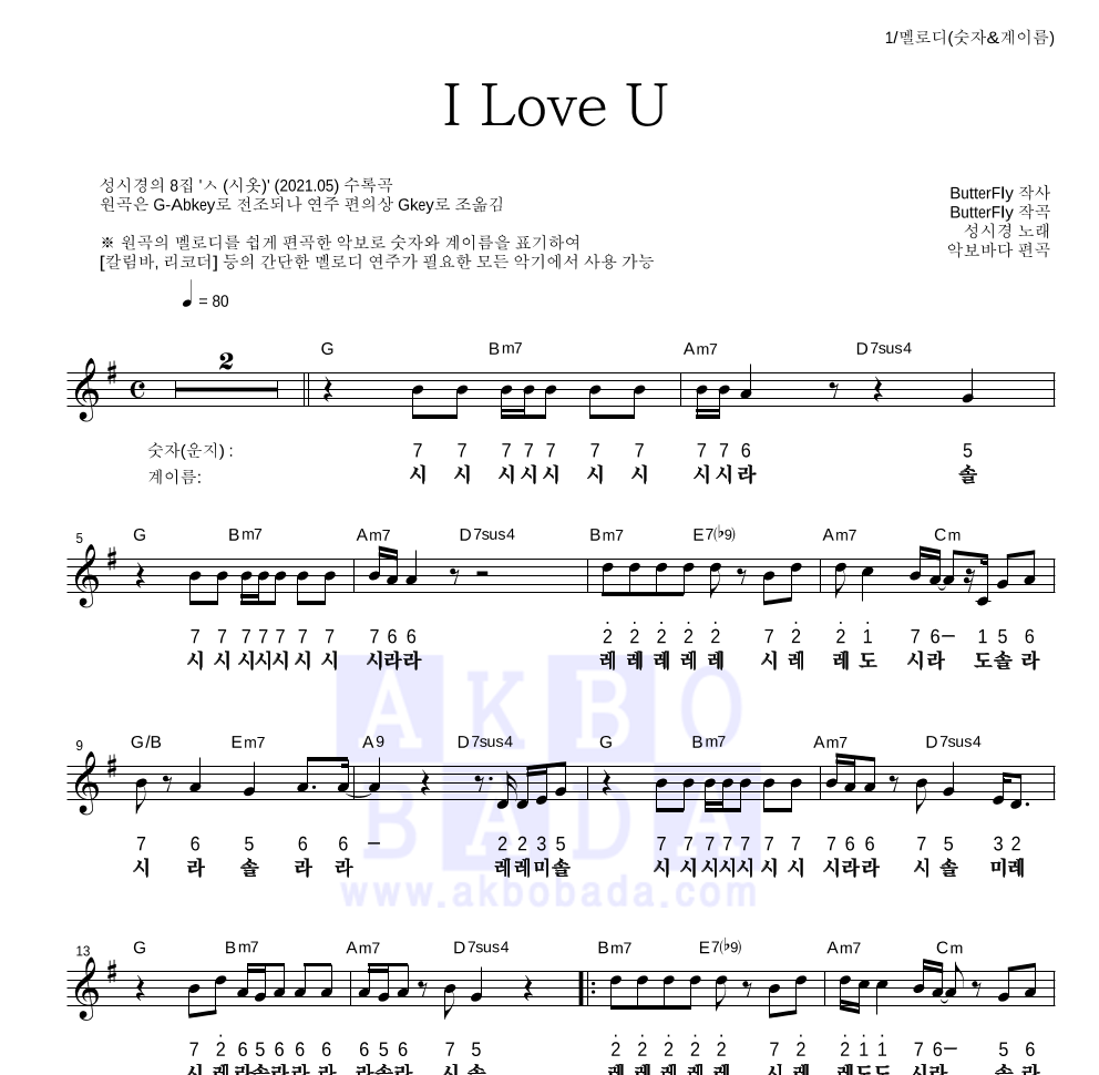 성시경 - I Love U 멜로디-숫자&계이름 악보 