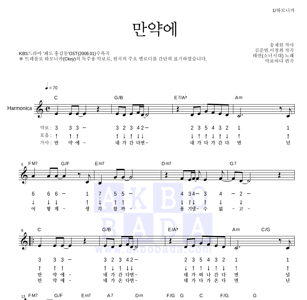 태연 - 만약에 하모니카 악보 