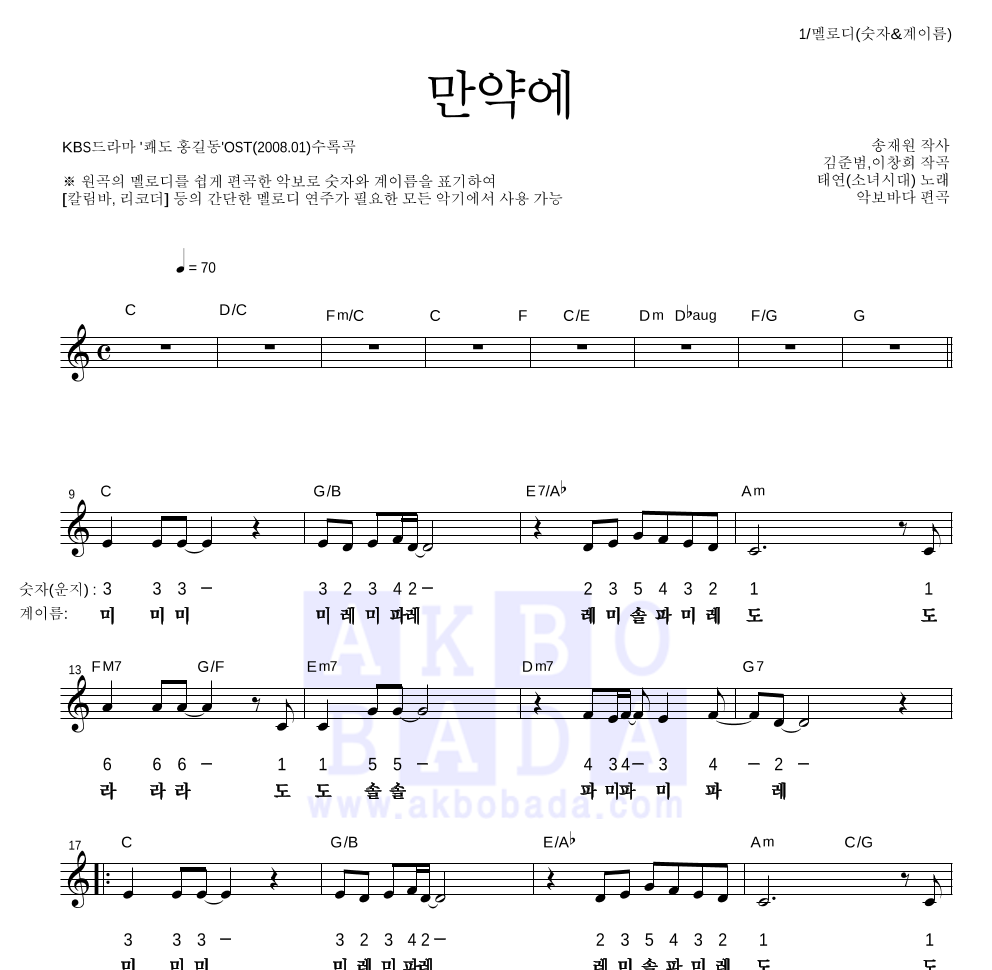 태연 - 만약에 멜로디-숫자&계이름 악보 
