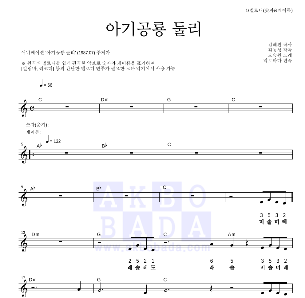 오승원 - 아기공룡 둘리 멜로디-숫자&계이름 악보 