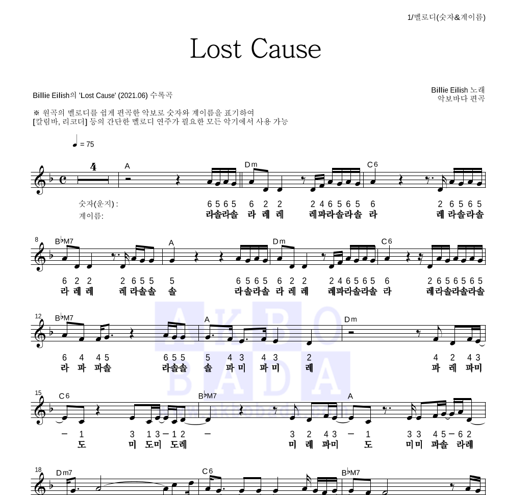 Billie Eilish - Lost Cause 멜로디-숫자&계이름 악보 