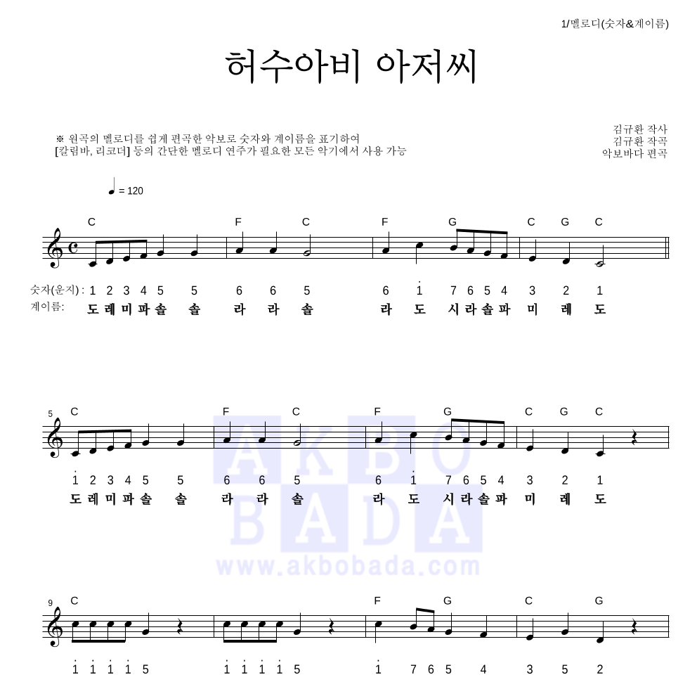 동요 - 허수아비 아저씨 멜로디-숫자&계이름 악보 