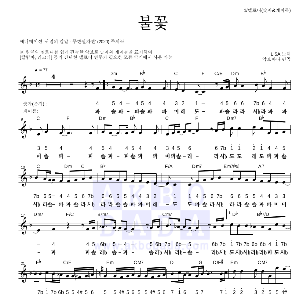 귀멸의 칼날 OST - 불꽃 멜로디-숫자&계이름 악보 