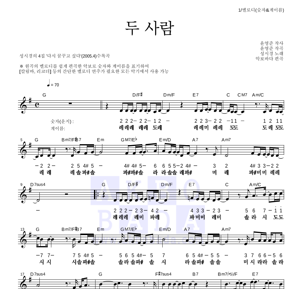 성시경 - 두 사람 멜로디-숫자&계이름 악보 