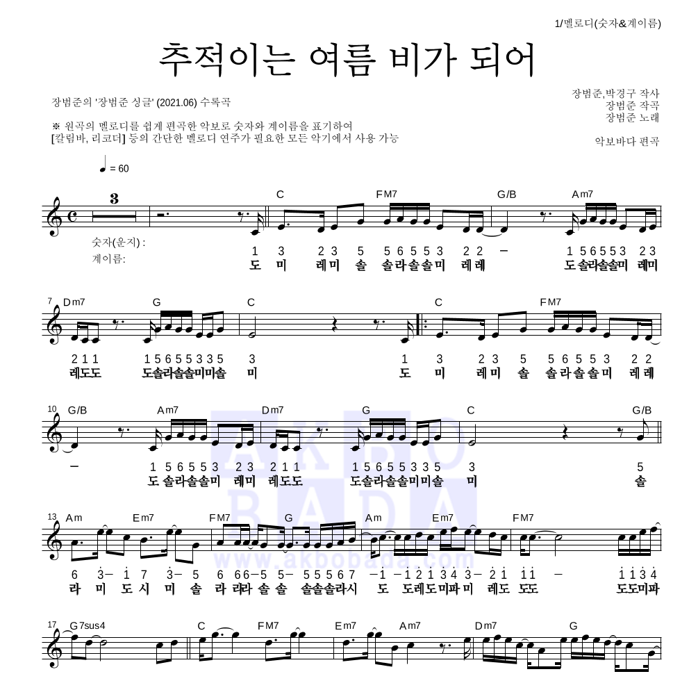 장범준 - 추적이는 여름 비가 되어 멜로디-숫자&계이름 악보 