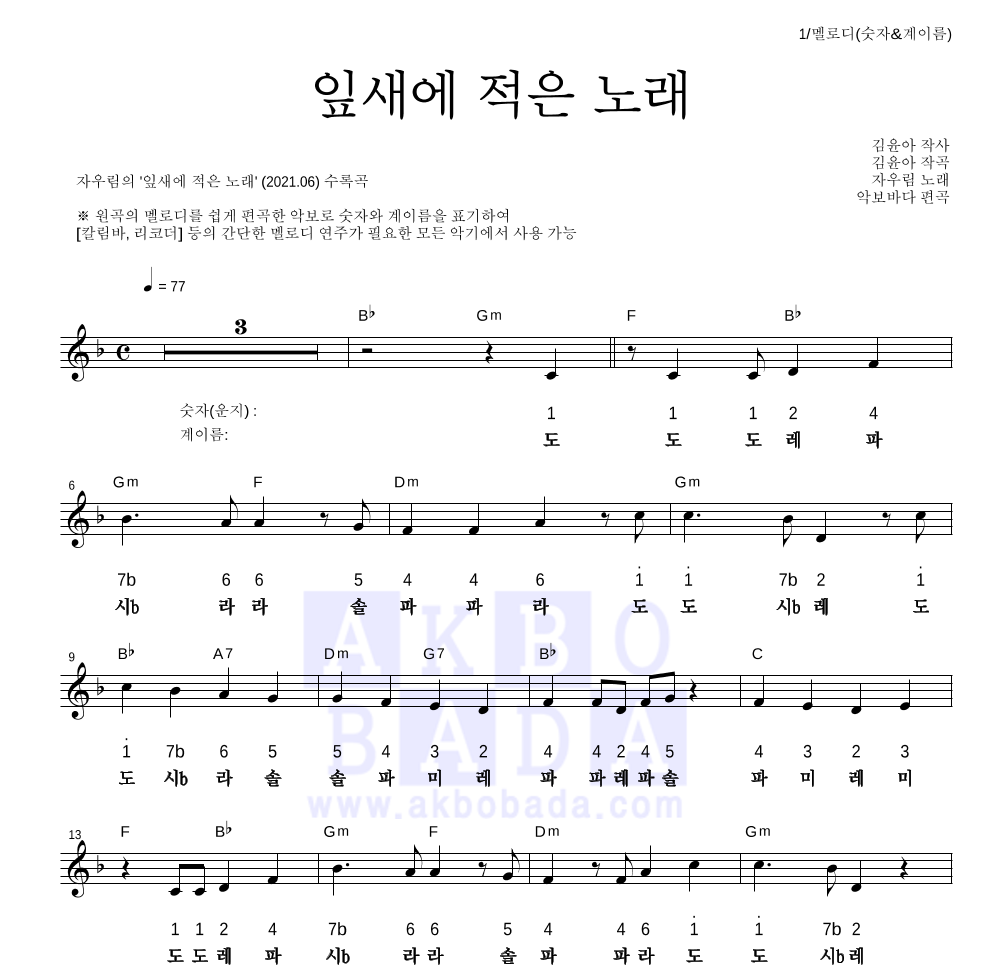 자우림 - 잎새에 적은 노래 멜로디-숫자&계이름 악보 