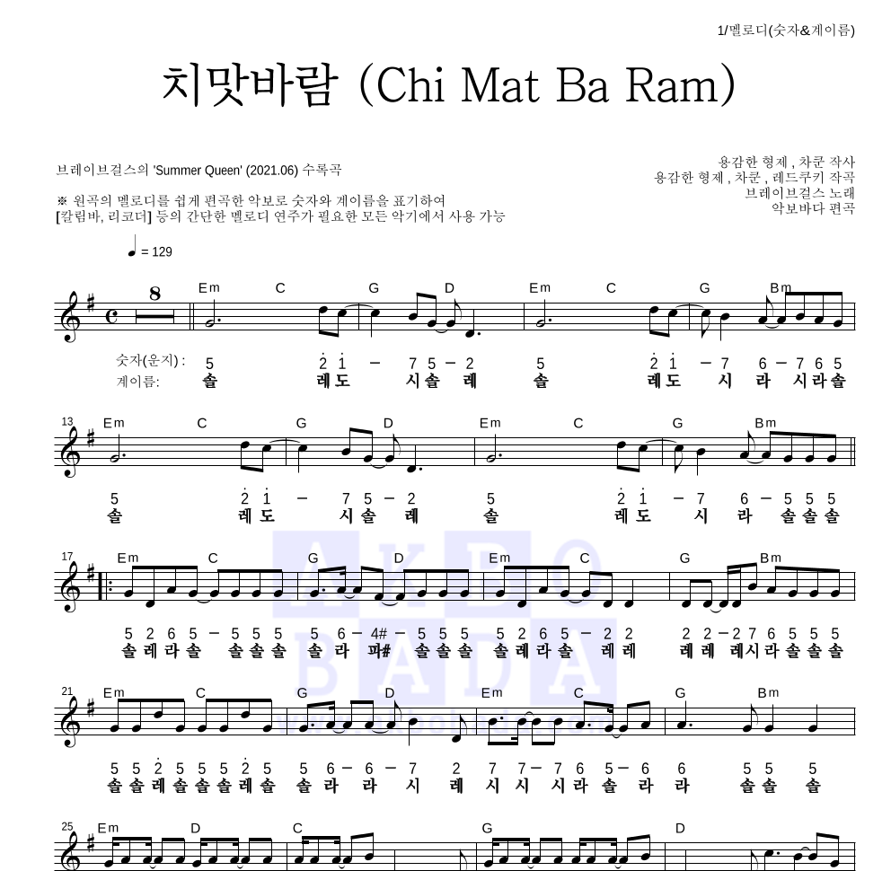 브레이브걸스 - 치맛바람 (Chi Mat Ba Ram) 멜로디-숫자&계이름 악보 