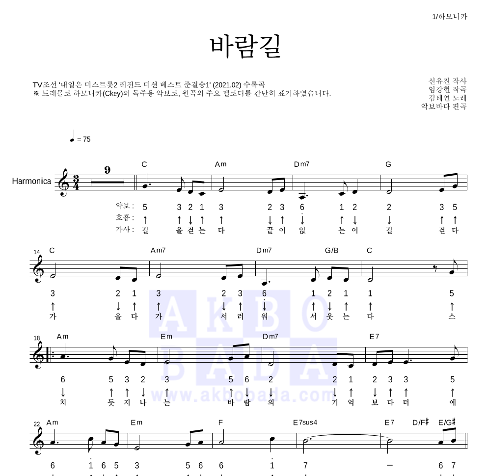 김태연 - 바람길 하모니카 악보 