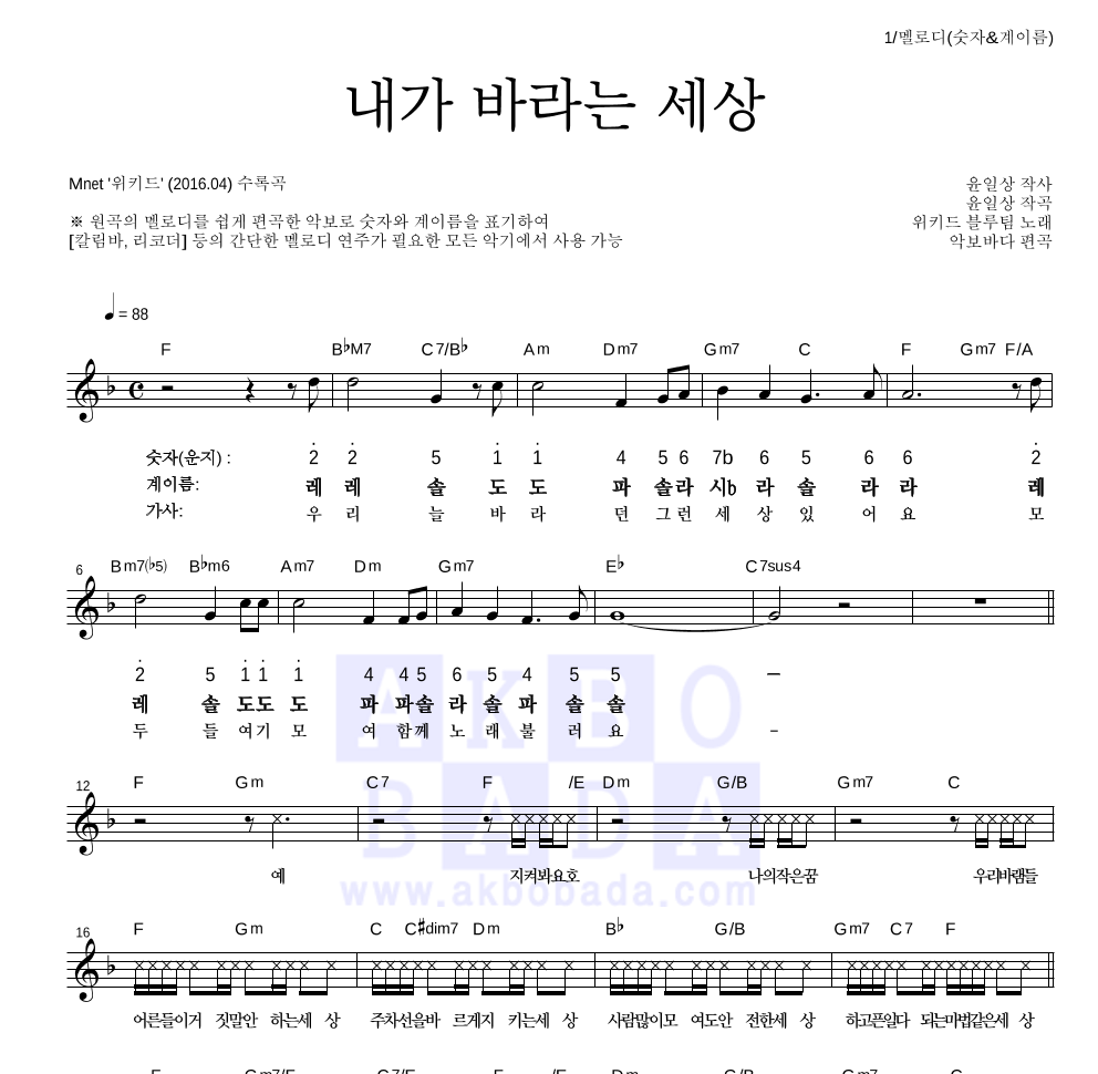 위키드 블루팀(최명빈,이하랑,홍의현,곽이안,박예음,최예나) - 내가 바라는 세상 멜로디-숫자&계이름 악보 