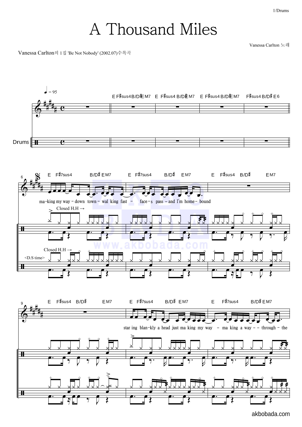 Vanessa Carlton - A thousand miles 드럼 악보 