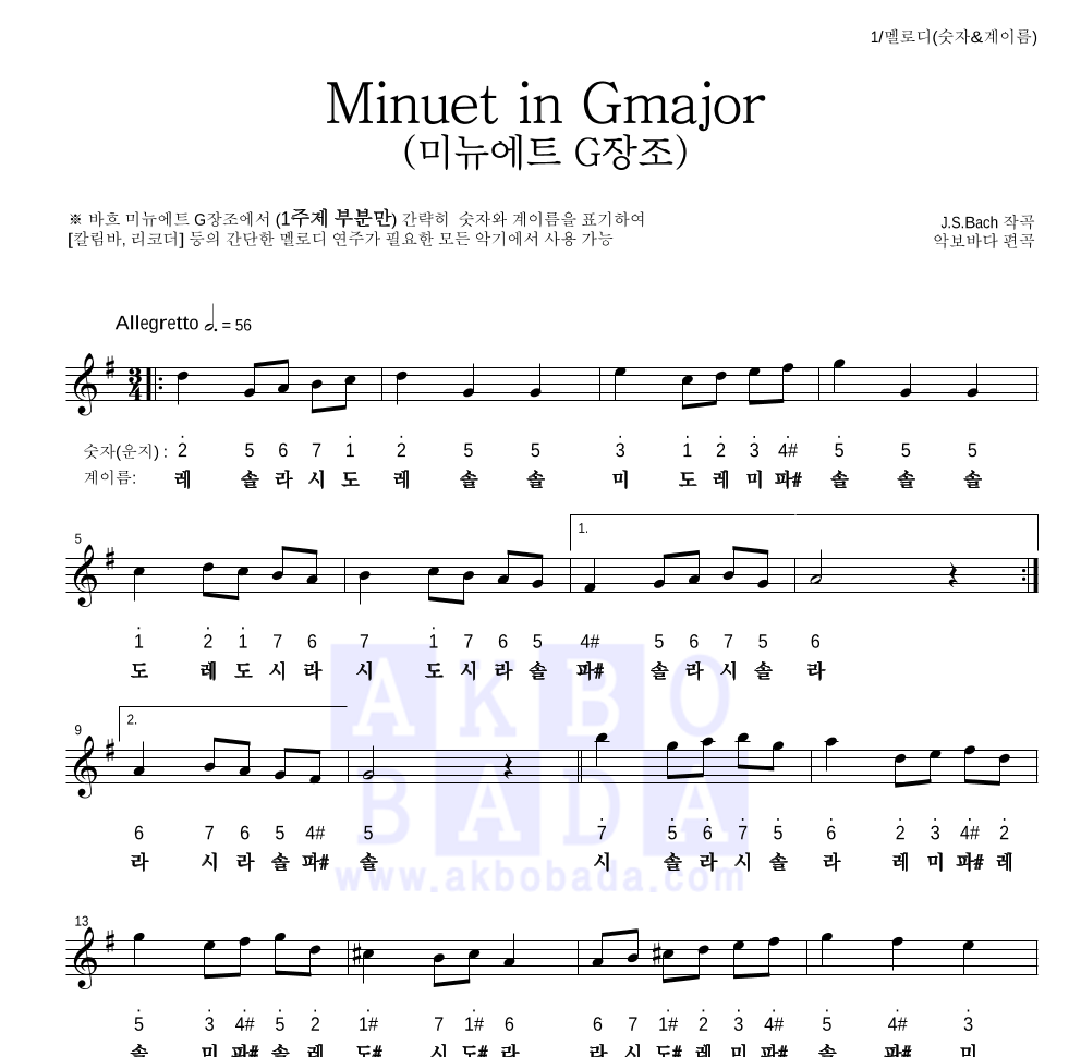 바흐 - Minuet in G major (두 개의 미뉴에트) 멜로디-숫자&계이름 악보 