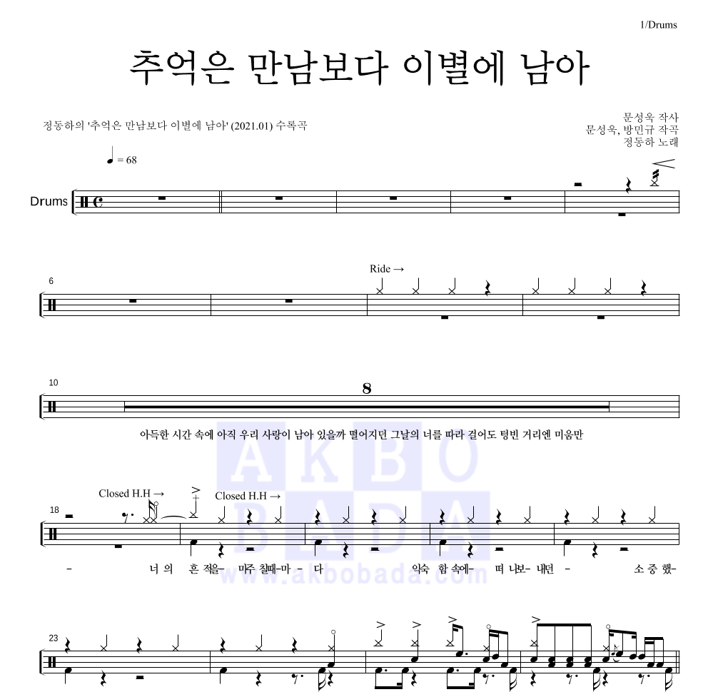 정동하 - 추억은 만남보다 이별에 남아 드럼(Tab) 악보 