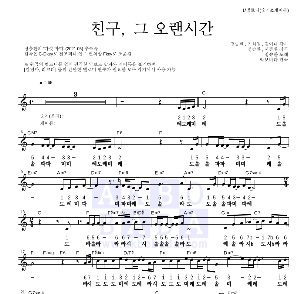 정승환 - 친구, 그 오랜시간 멜로디-숫자&계이름 악보 