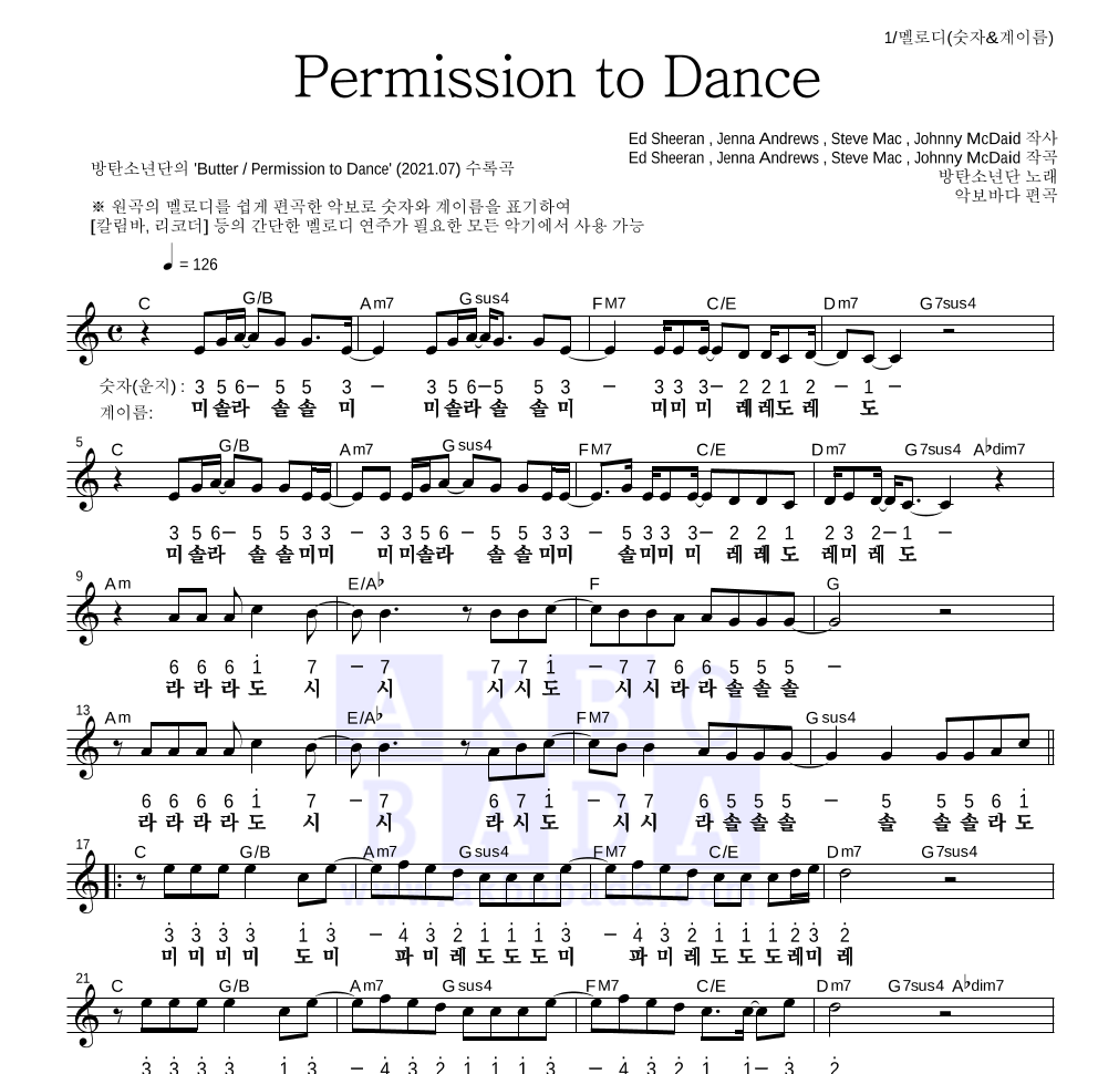 방탄소년단 - Permission to Dance 멜로디-숫자&계이름 악보 