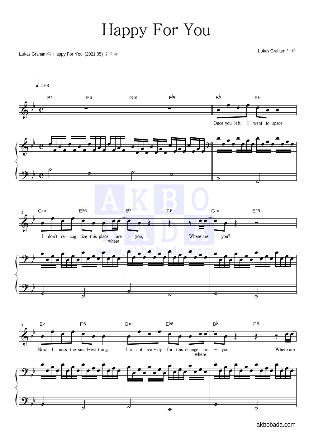 Lukas Graham - Happy For You 피아노 3단 악보 
