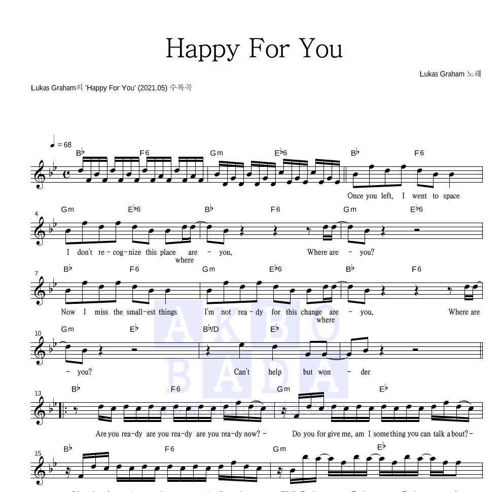 Lukas Graham - Happy For You 멜로디 악보 