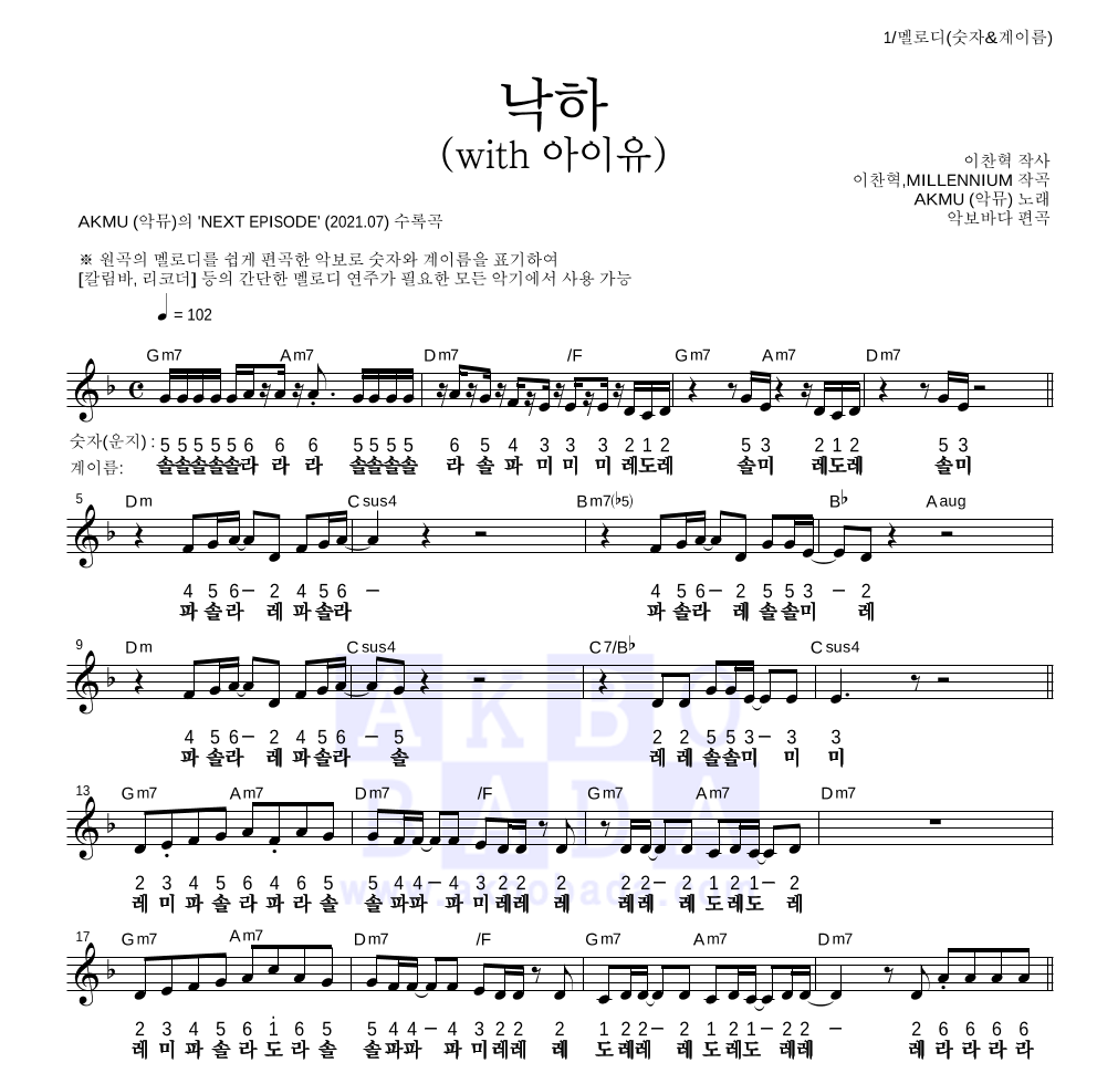 악동뮤지션 - 낙하 (with 아이유) 멜로디-숫자&계이름 악보 