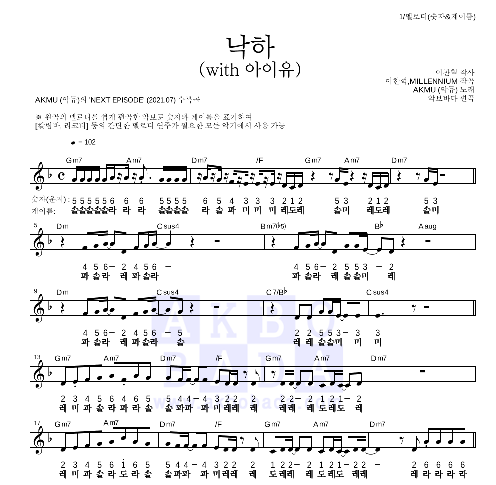 AKMU(악뮤) - 낙하 (with 아이유) 멜로디-숫자&계이름 악보 