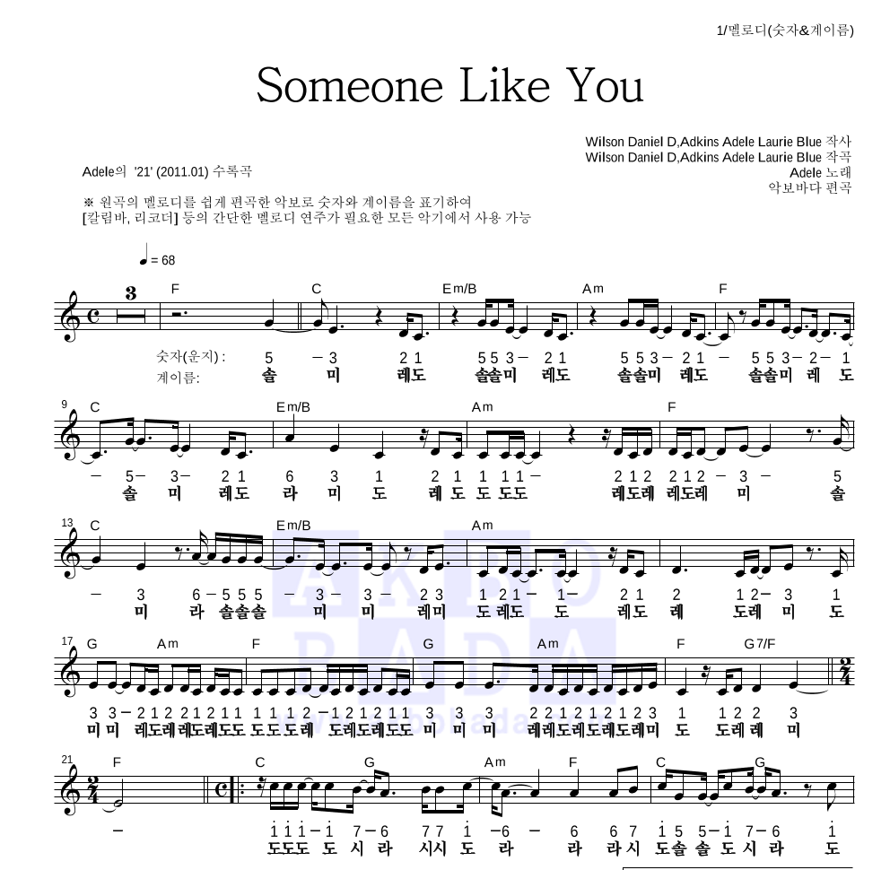 Adele - Someone Like You 멜로디-숫자&계이름 악보 