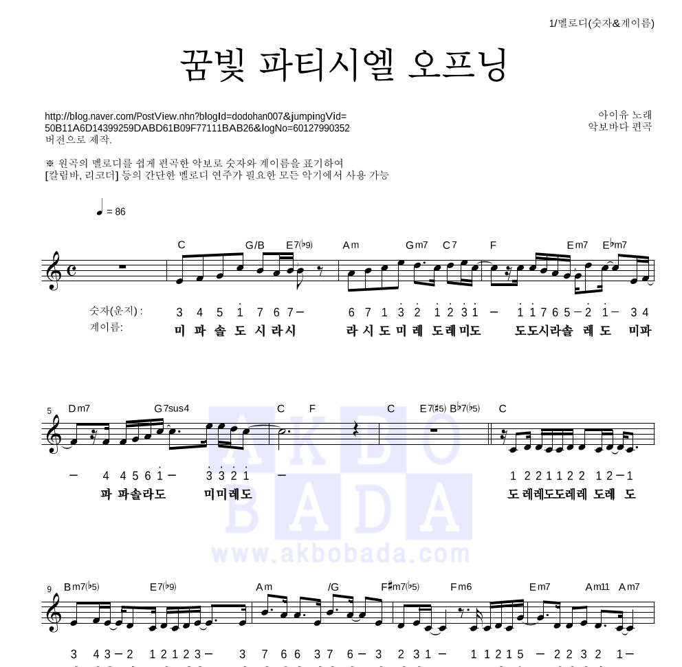 아이유 - 꿈빛 파티시엘 오프닝 멜로디-숫자&계이름 악보 