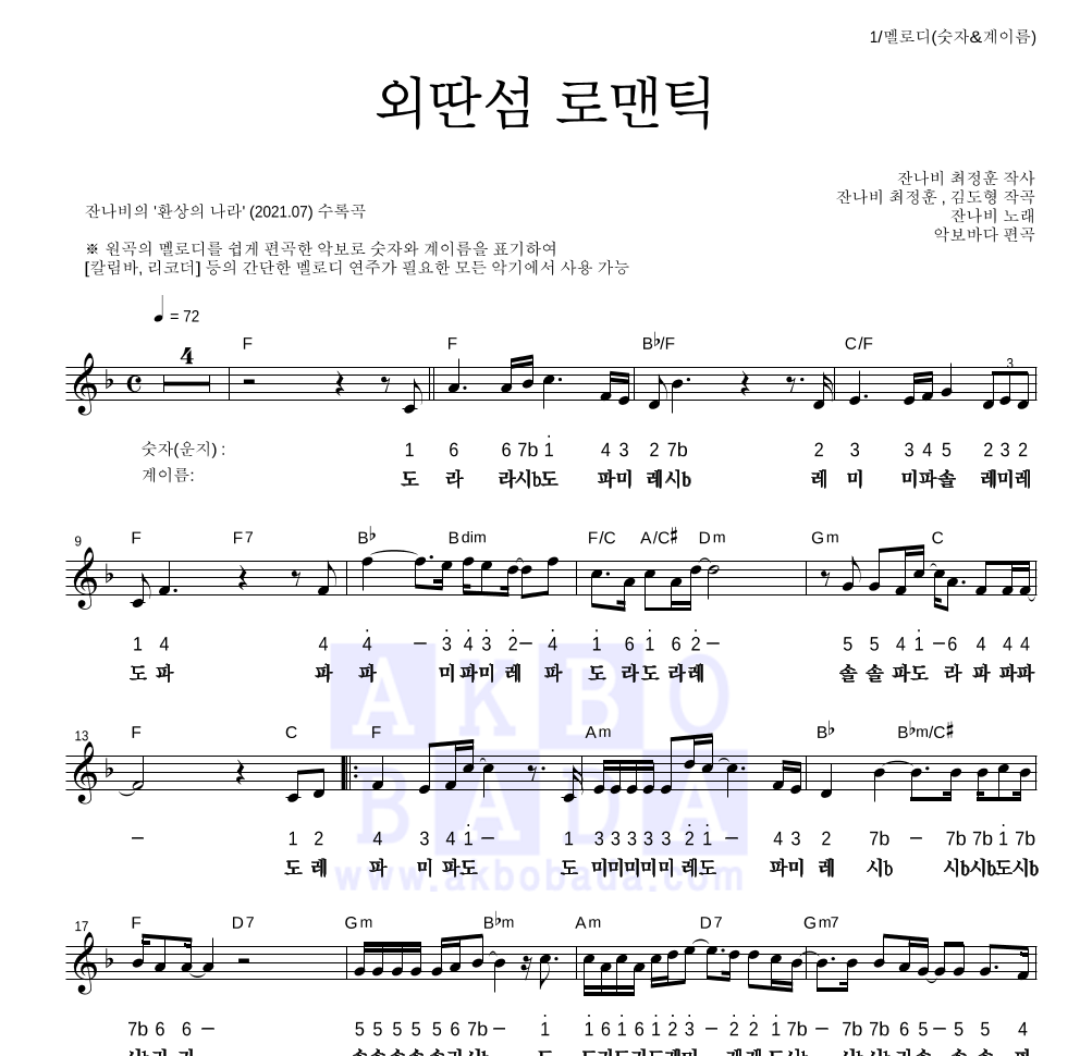 잔나비 - 외딴섬 로맨틱 멜로디-숫자&계이름 악보 