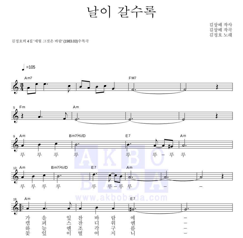 김정호 - 날이 갈수록 멜로디 악보 