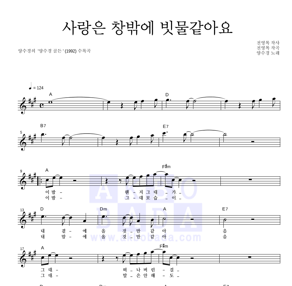 양수경 - 사랑은 창밖에 빗물같아요 멜로디 악보 