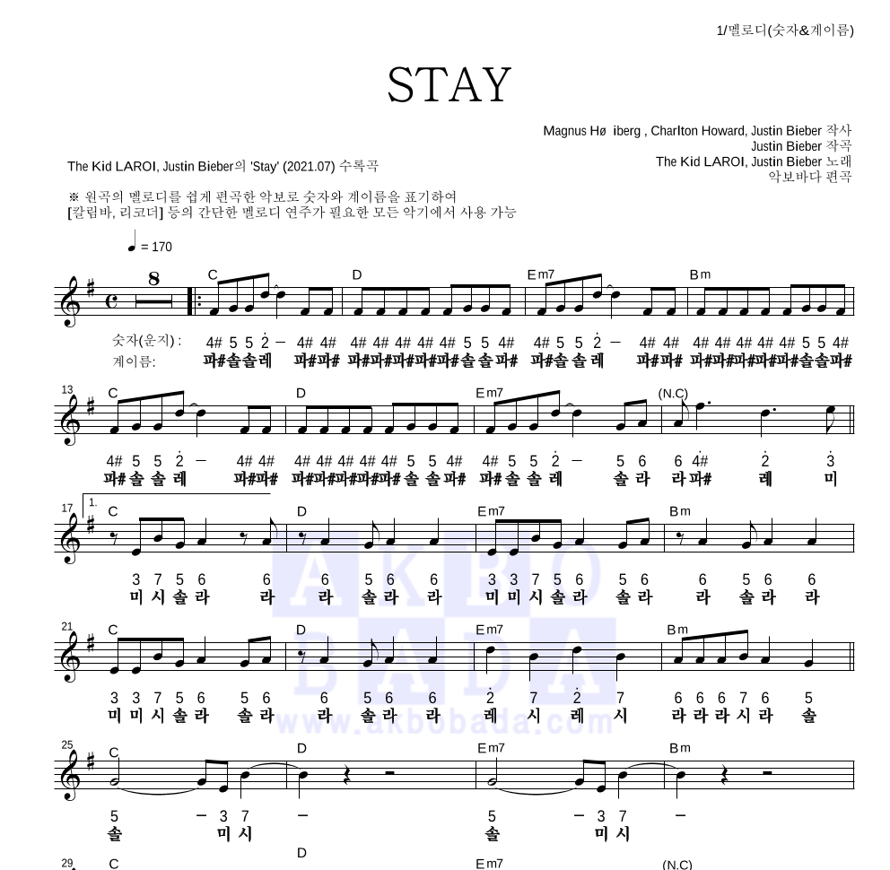 The Kid LAROI,Justin Bieber - STAY 멜로디-숫자&계이름 악보 