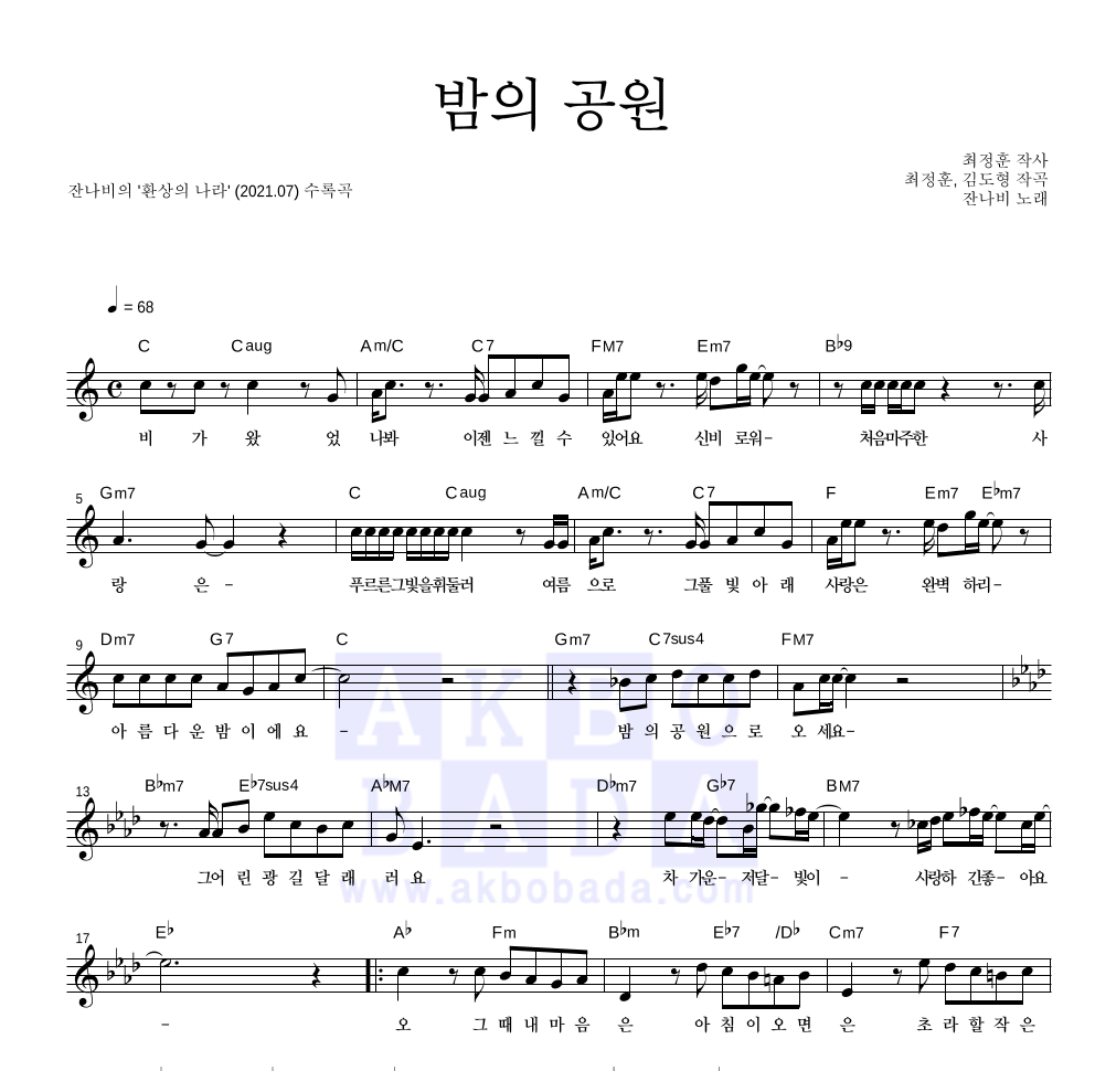 잔나비 - 밤의 공원 멜로디 악보 