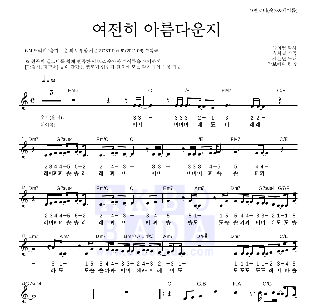 세븐틴 - 여전히 아름다운지 멜로디-숫자&계이름 악보 
