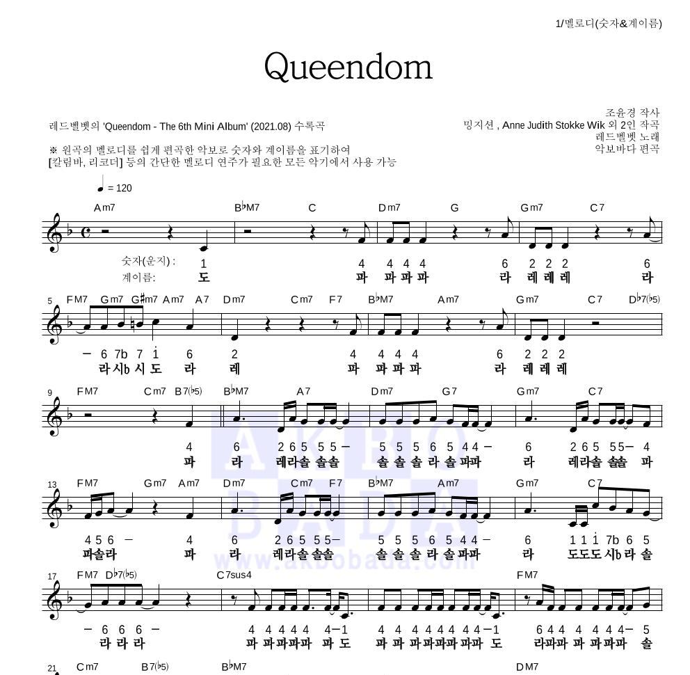 레드벨벳 - Queendom 멜로디-숫자&계이름 악보 