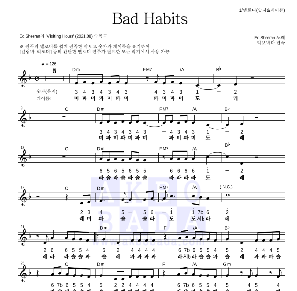 Ed Sheeran - Bad Habits 멜로디-숫자&계이름 악보 