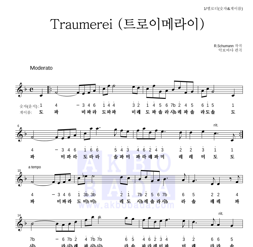 슈만 - 트로이메라이 멜로디-숫자&계이름 악보 