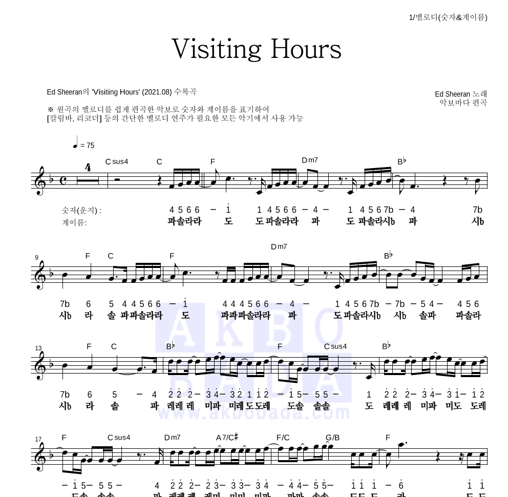 Ed Sheeran - Visiting Hours 멜로디-숫자&계이름 악보 