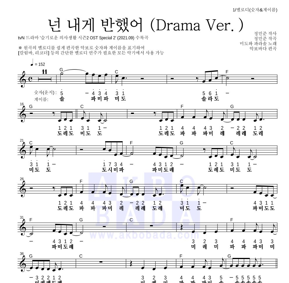 미도와 파라솔 - 넌 내게 반했어 (Drama Ver.) 멜로디-숫자&계이름 악보 