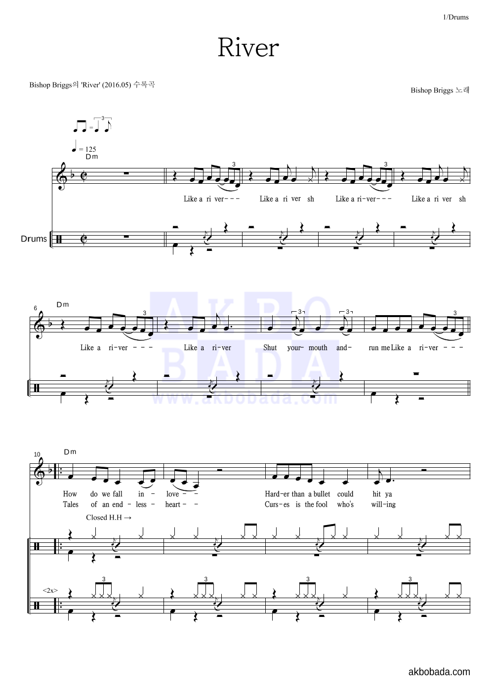 Bishop Briggs - River 드럼 악보 