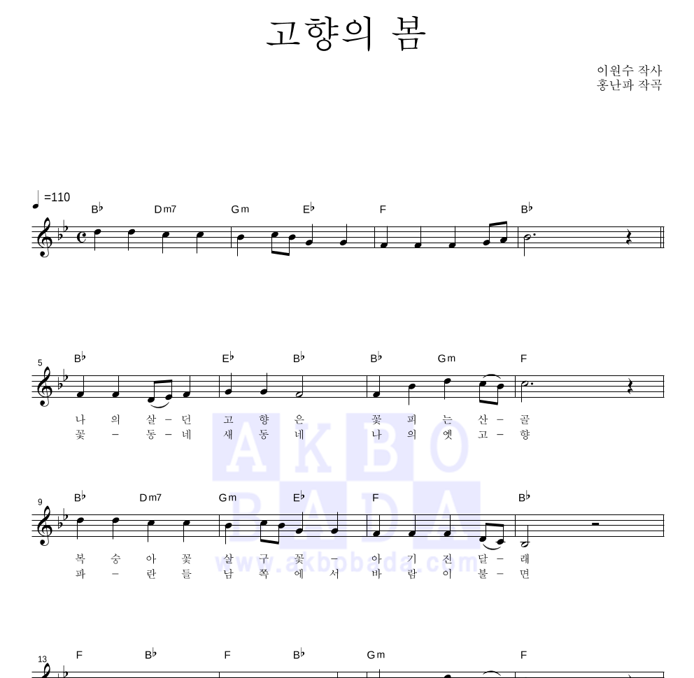 동요 - 고향의 봄 멜로디 악보 